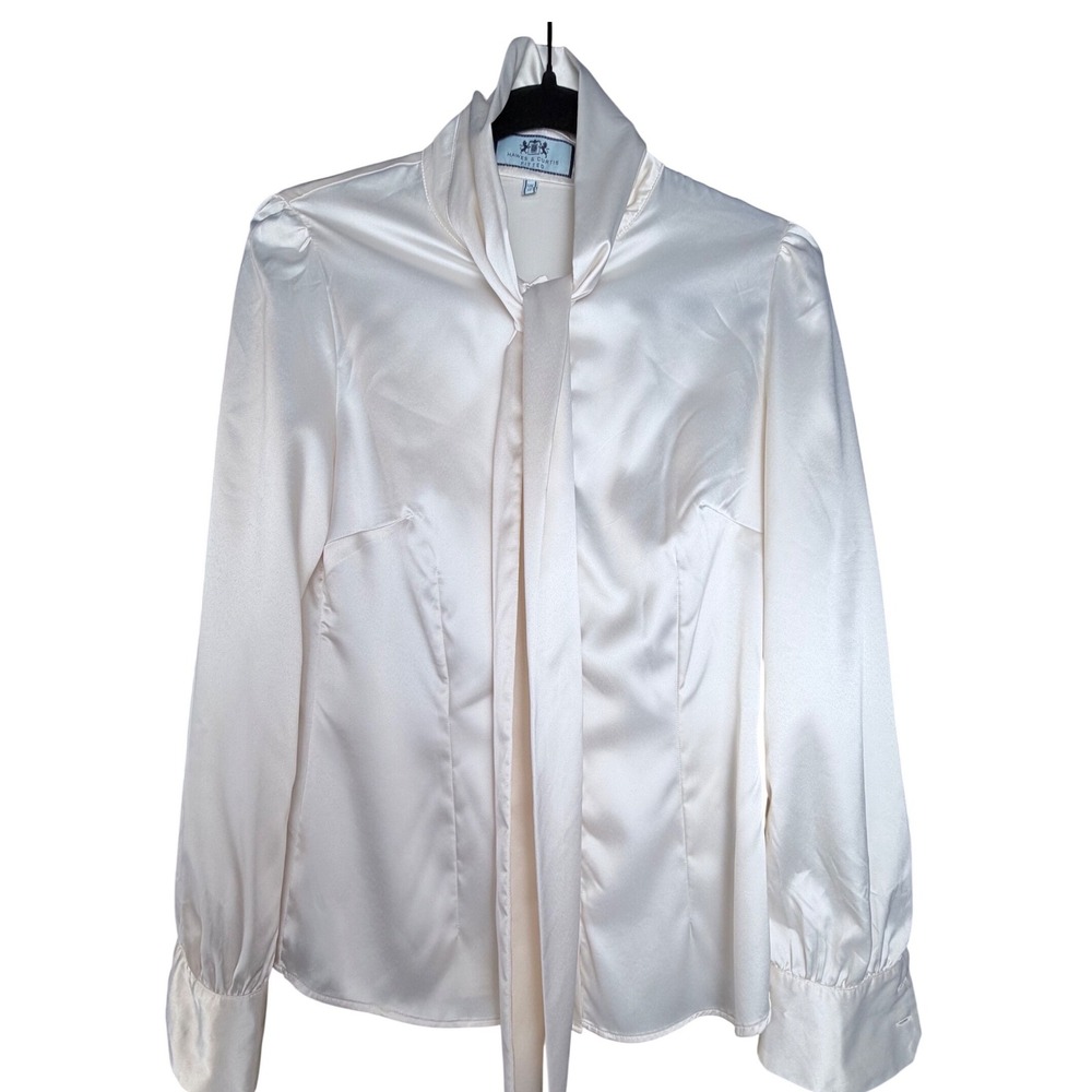 Hawes & Curtis Fitted Satin Tie Neck Blouse Cream Ivory Romantic UK 12 US 8